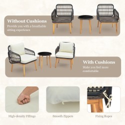 Kolmen osan ruskea rottinkinen patiotuolisetti irrotettavilla tyynyillä