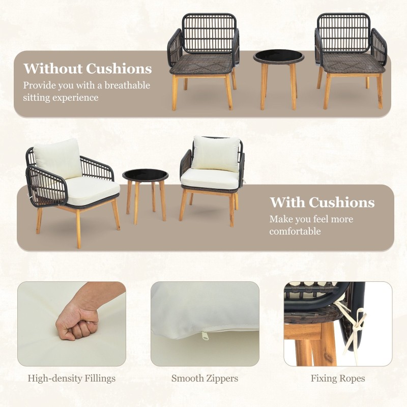 Kolmen osan ruskea rottinkinen patiotuolisetti irrotettavilla tyynyillä