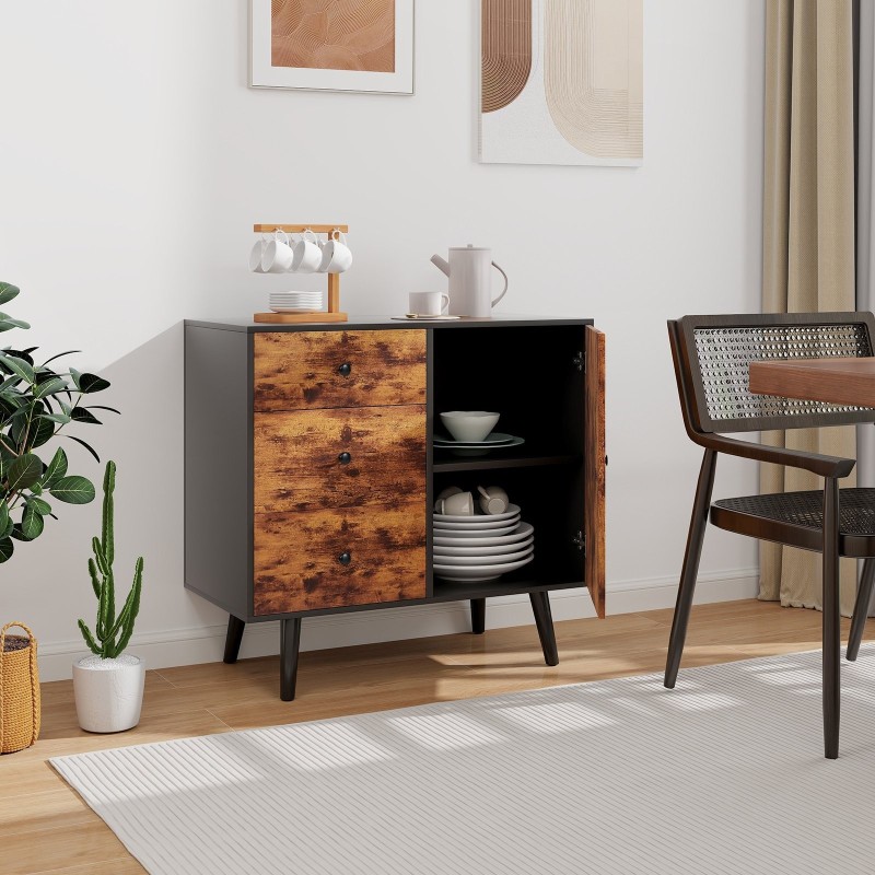 Rustiikkinen ruskea säilytyskaappi 3 laatikolla ja sivukaapilla