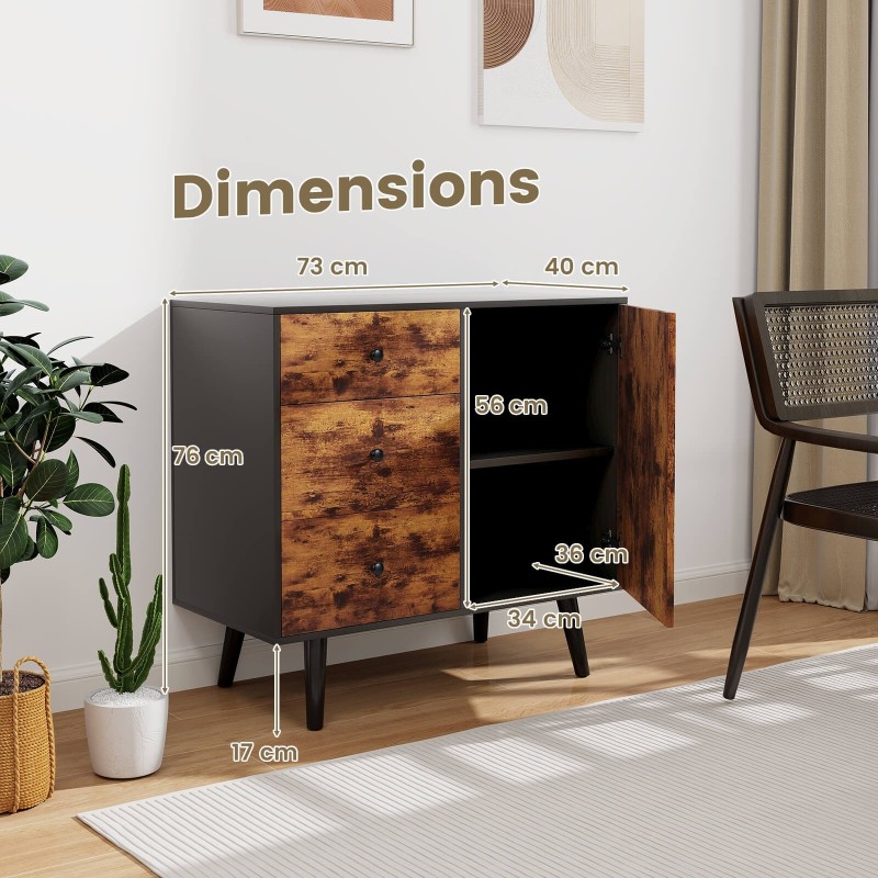 Rustiikkinen ruskea säilytyskaappi 3 laatikolla ja sivukaapilla