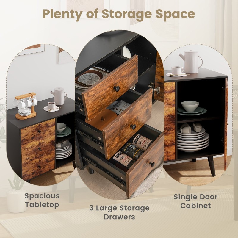 Rustiikkinen ruskea säilytyskaappi 3 laatikolla ja sivukaapilla