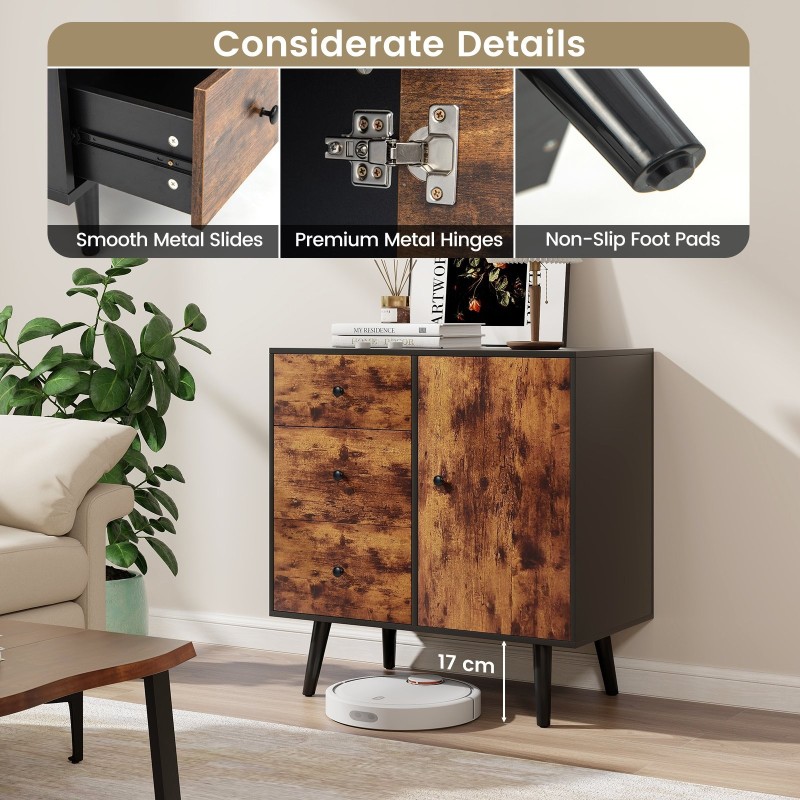 Rustiikkinen ruskea säilytyskaappi 3 laatikolla ja sivukaapilla