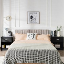 Kaksitasoinen musta yöpöytä laatikolla ja avohyllyllä