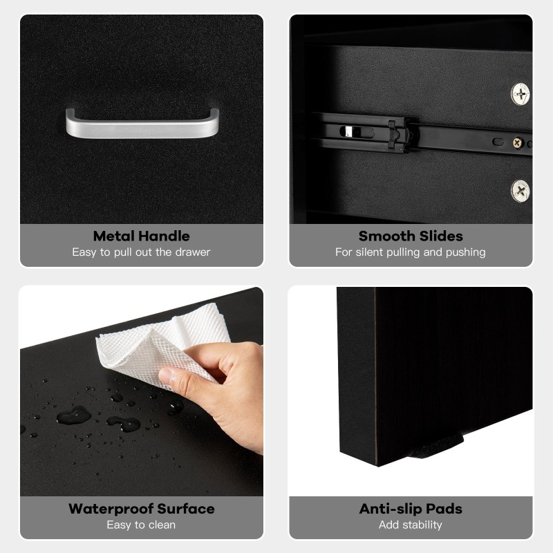 Kaksitasoinen musta yöpöytä laatikolla ja avohyllyllä