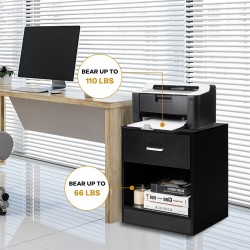 Kaksitasoinen musta yöpöytä laatikolla ja avohyllyllä