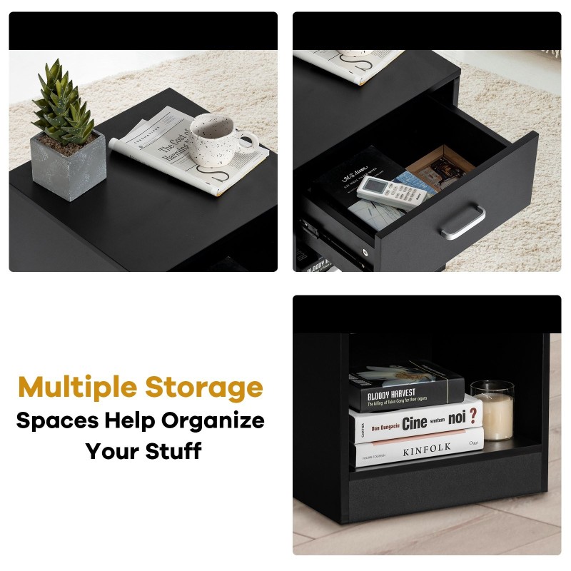 Kaksitasoinen musta yöpöytä laatikolla ja avohyllyllä