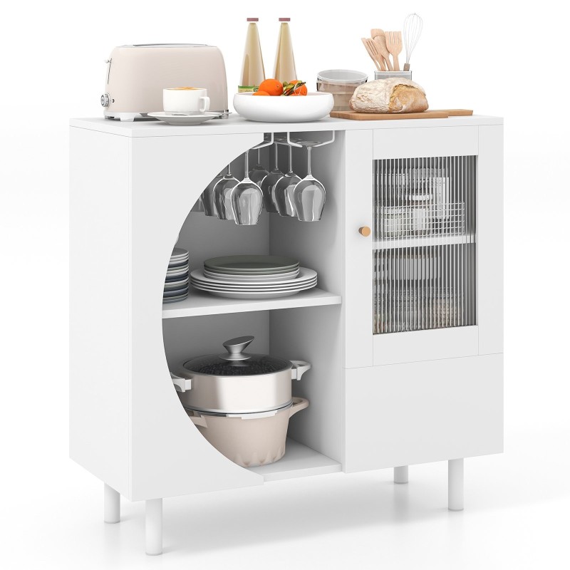 Valkoinen keittiön sivukaappi lasitelineellä ja säilytystilalla