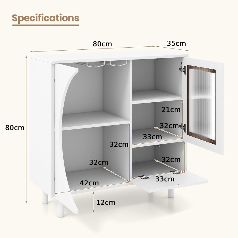 Valkoinen keittiön sivukaappi lasitelineellä ja säilytystilalla