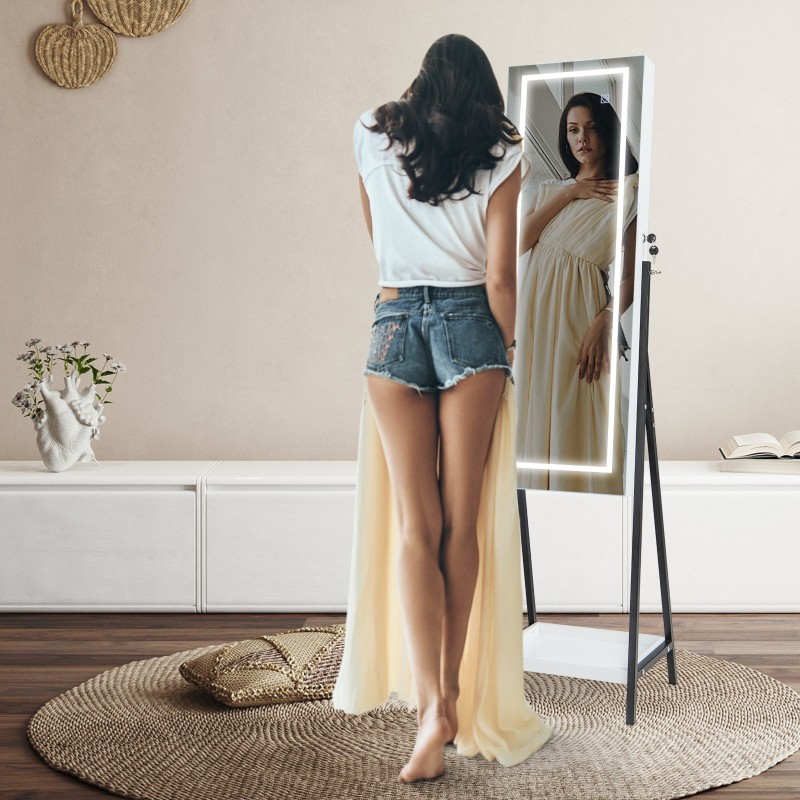 Valkoinen LED-valaistu seisova korukaappi kokovartalopeilillä