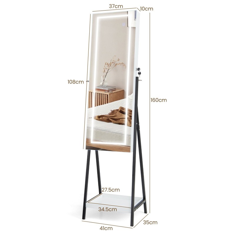 Valkoinen LED-valaistu seisova korukaappi kokovartalopeilillä