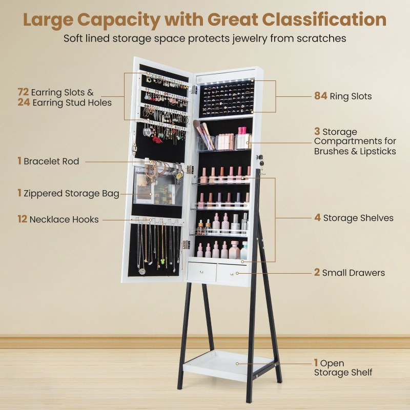 Valkoinen LED-valaistu seisova korukaappi kokovartalopeilillä