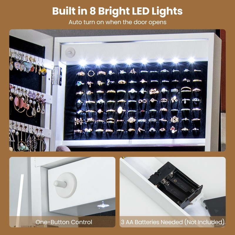 Valkoinen LED-valaistu seisova korukaappi kokovartalopeilillä