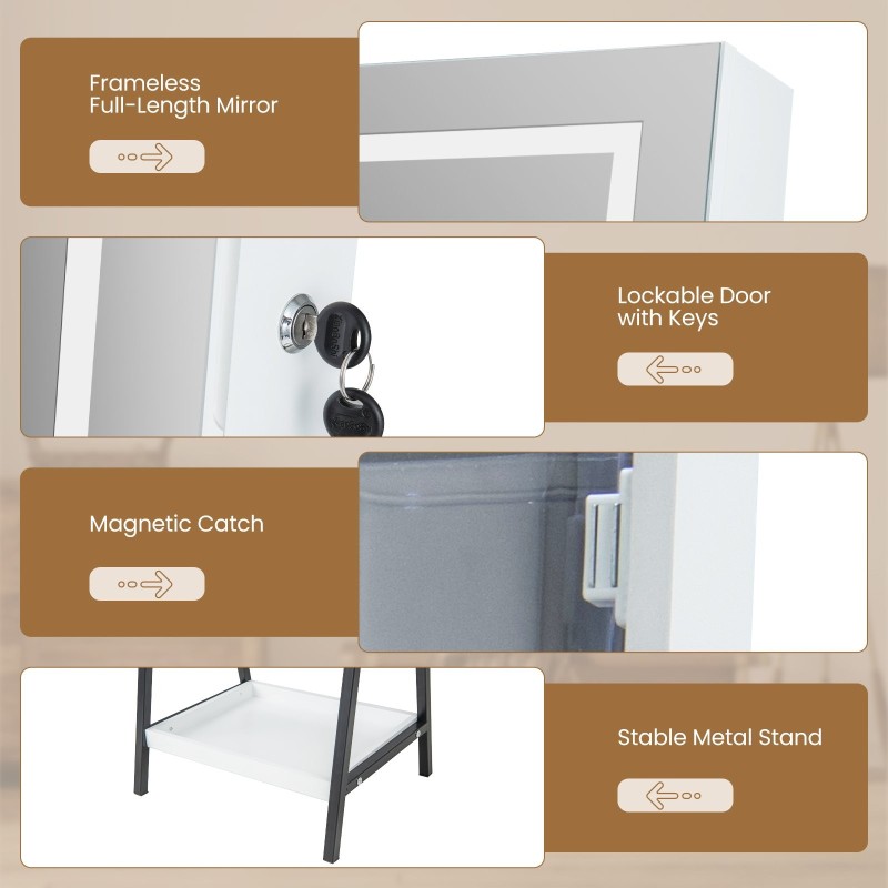 Valkoinen LED-valaistu seisova korukaappi kokovartalopeilillä