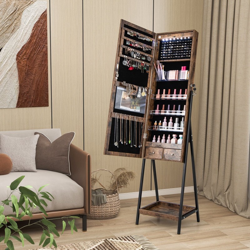 Led-valaistu seisova korukaappi kokovartalopeilillä ruskea