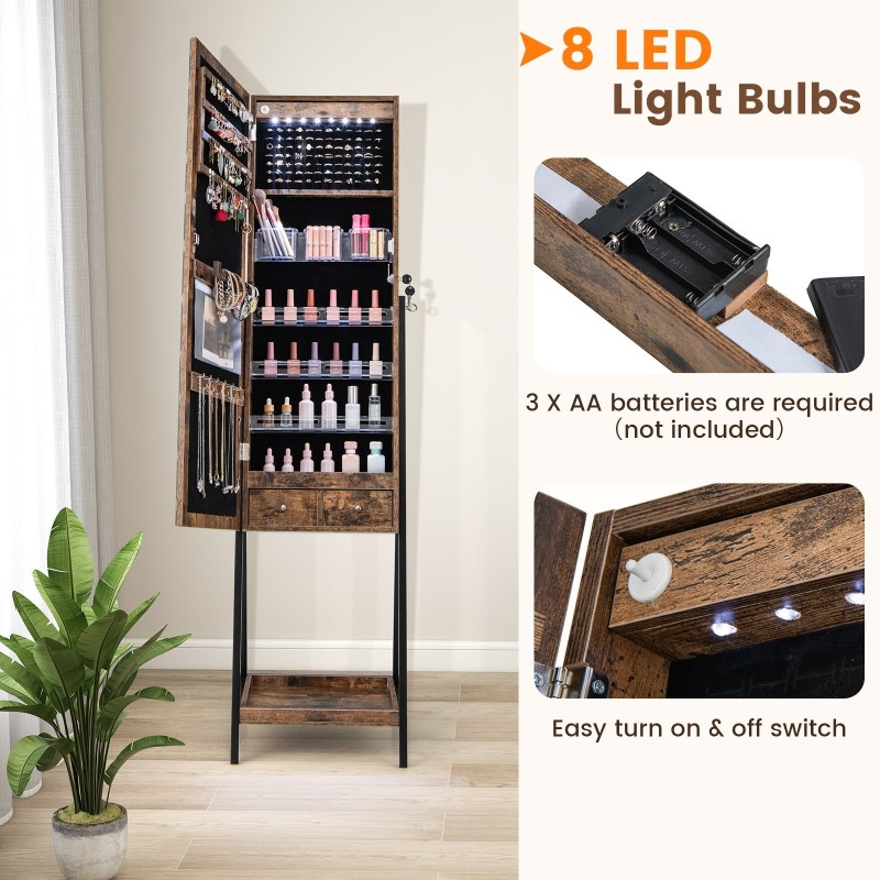 Led-valaistu seisova korukaappi kokovartalopeilillä ruskea