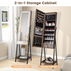 Led-valaistu seisova korukaappi kokovartalopeilillä ruskea