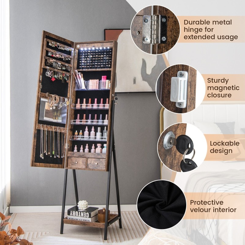 Led-valaistu seisova korukaappi kokovartalopeilillä ruskea