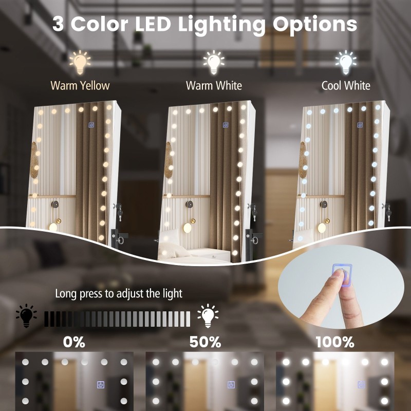 Lukittava korukaappi kokovartalopeilillä ja LED-valaistuksella