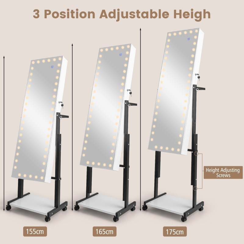 Lukittava korukaappi kokovartalopeilillä ja LED-valaistuksella