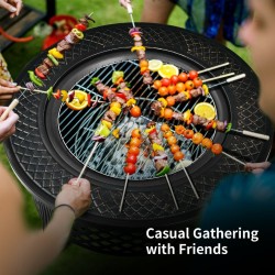 Monikäyttöinen musta teräksinen tulisija grillillä ja suojaverkolla