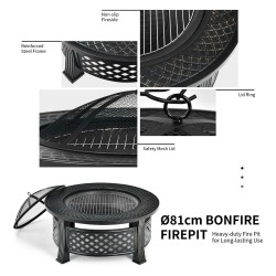Monikäyttöinen musta teräksinen tulisija grillillä ja suojaverkolla