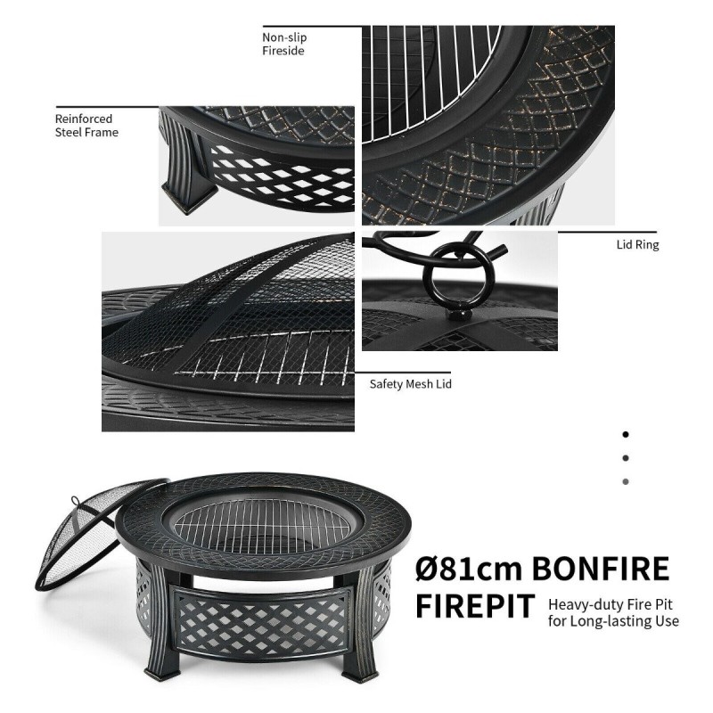 Monikäyttöinen musta teräksinen tulisija grillillä ja suojaverkolla