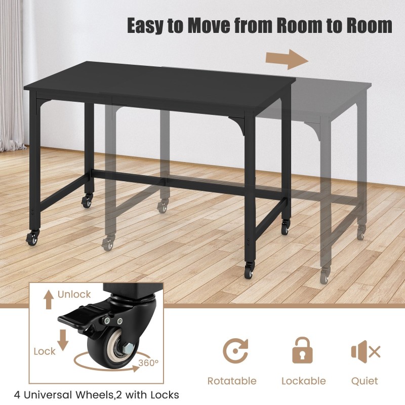 Liikuteltava musta tietokonepöytä hiiliteräsrungolla 120x60 cm