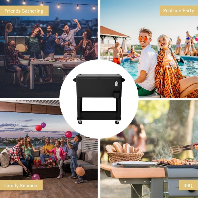 Monikäyttöinen musta jäähdytyskärry 76L pullonavaajalla