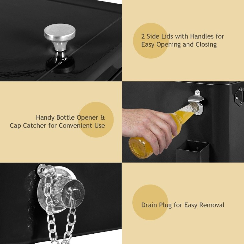 Monikäyttöinen musta jäähdytyskärry 76L pullonavaajalla