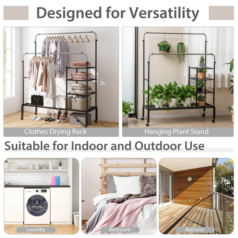 Korkeussäädettävä vaatekuivausteline pyörillä, musta ja hopea