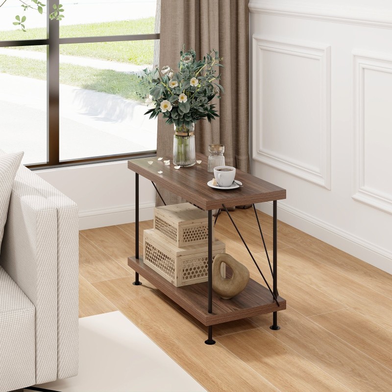 Monikäyttöinen 2-tasoinen metallirunko hyllykkö pähkinänruskea