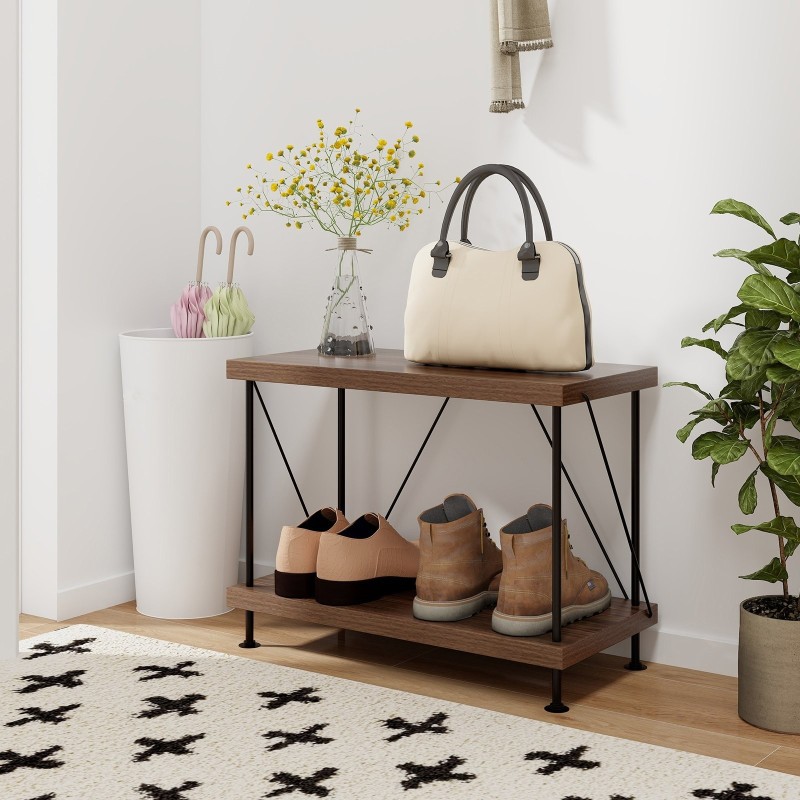 Monikäyttöinen 2-tasoinen metallirunko hyllykkö pähkinänruskea