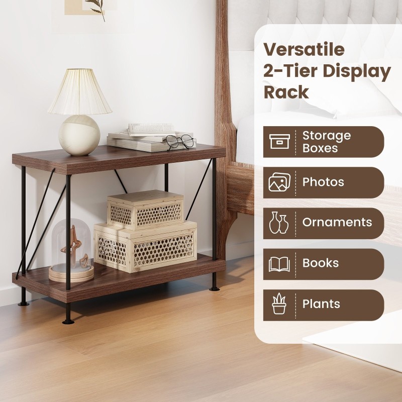 Monikäyttöinen 2-tasoinen metallirunko hyllykkö pähkinänruskea