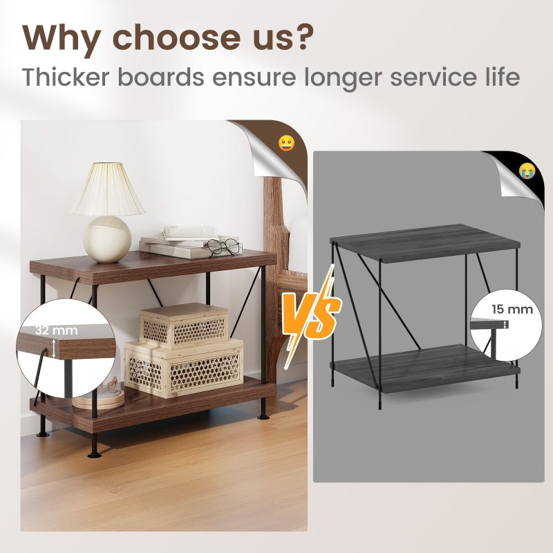 Monikäyttöinen 2-tasoinen metallirunko hyllykkö pähkinänruskea