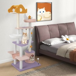 Monitasoinen kissatorni raapimistolpilla, lila ja vaaleanpunainen