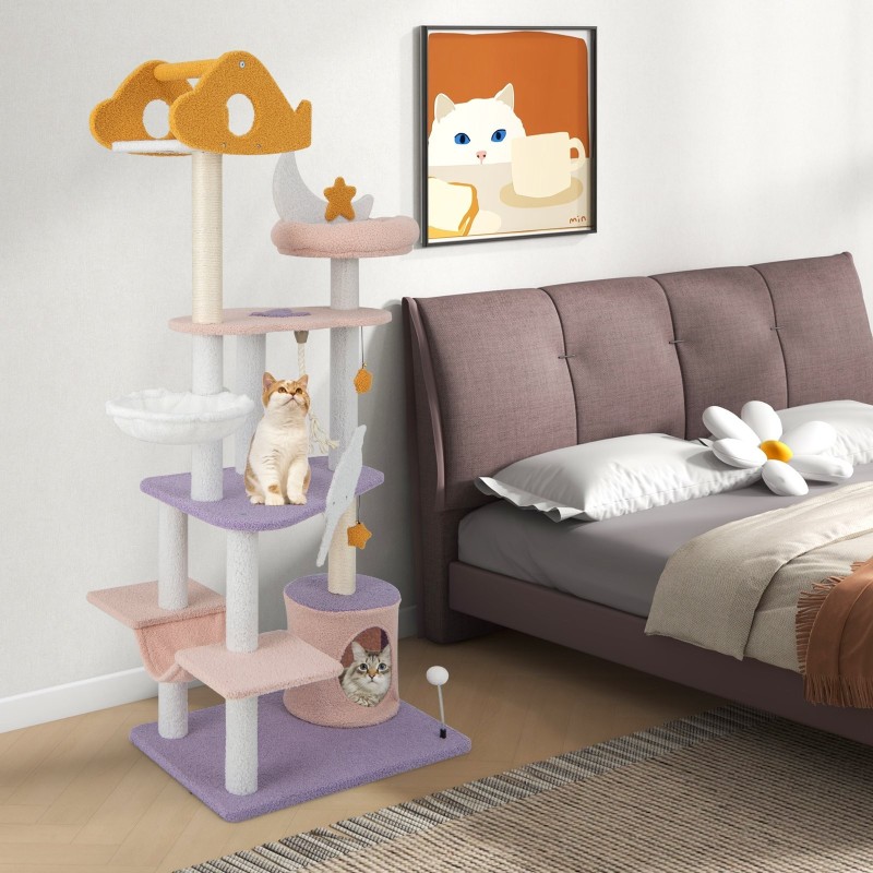 Monitasoinen kissatorni raapimistolpilla, lila ja vaaleanpunainen