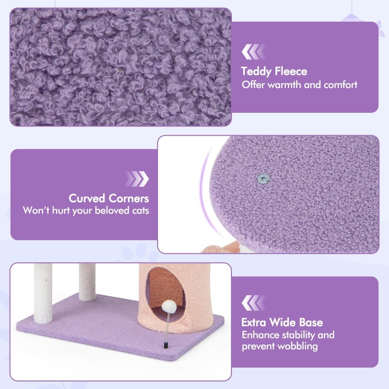 Monitasoinen kissatorni raapimistolpilla, lila ja vaaleanpunainen