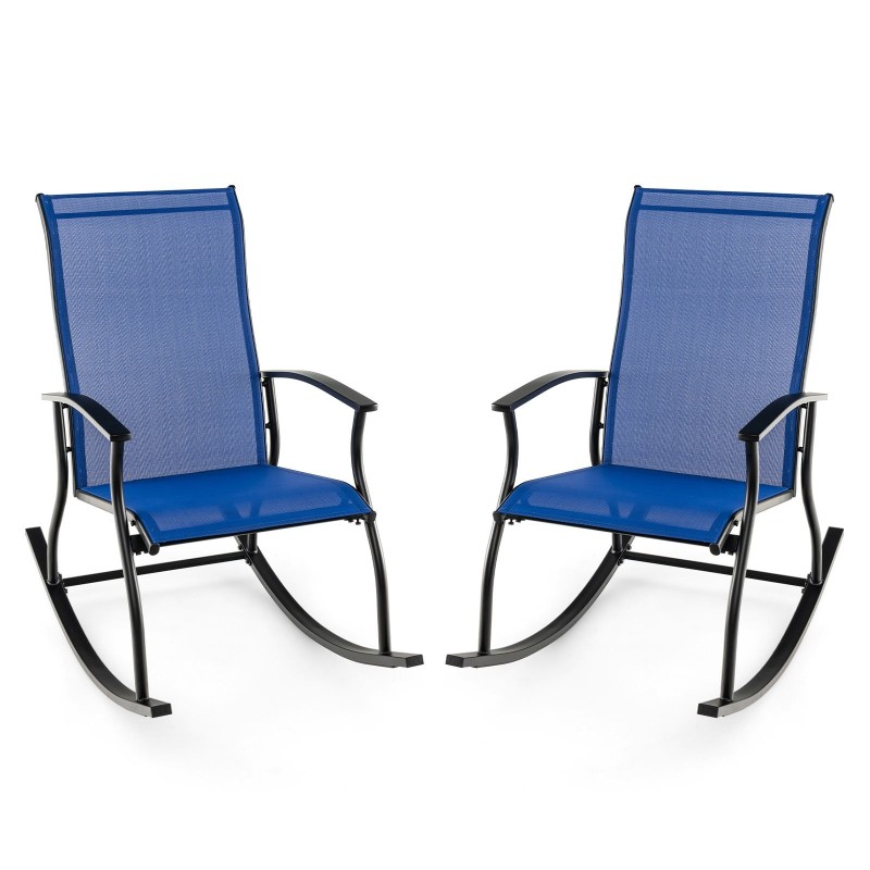 Kaksi ulkokäyttöön tarkoitettua sinistä hengittävää keinutuolia