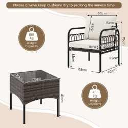 Kolmen osan ruskea rottinkinen ulkokalustesetti pehmusteilla