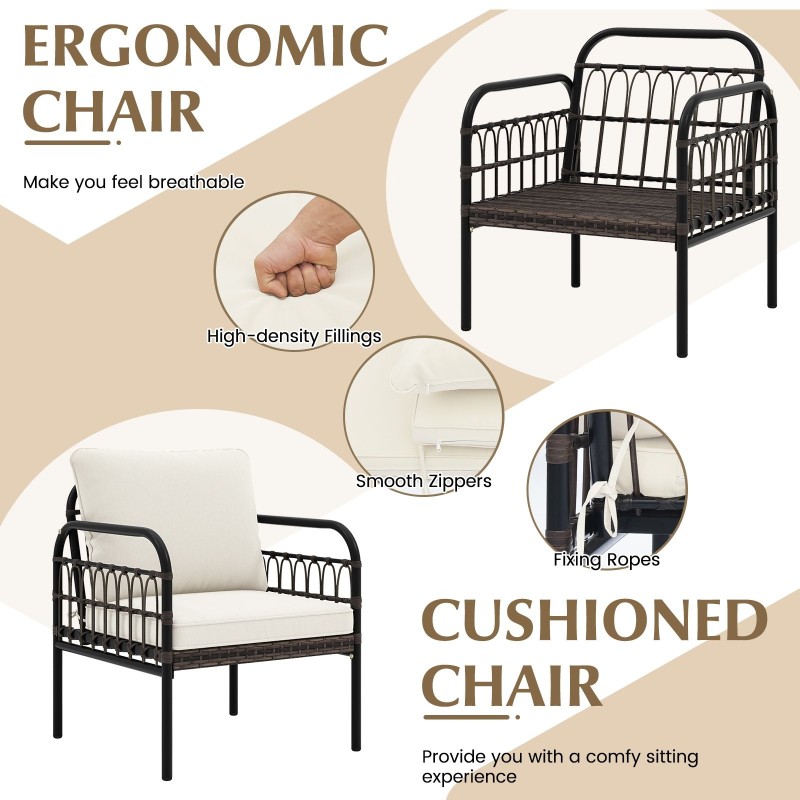 Kolmen osan ruskea rottinkinen ulkokalustesetti pehmusteilla