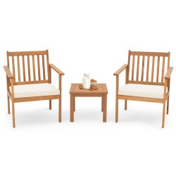 3-osainen akaasiapuu patiohuonekalusetti tyynyillä ja pöydällä