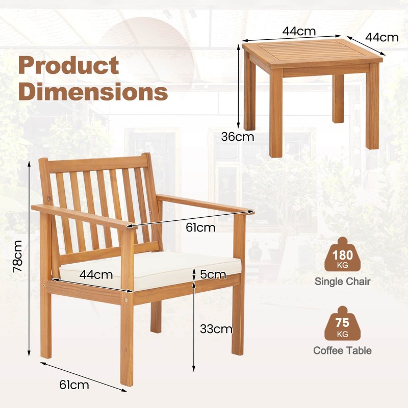 3-osainen akaasiapuu patiohuonekalusetti tyynyillä ja pöydällä