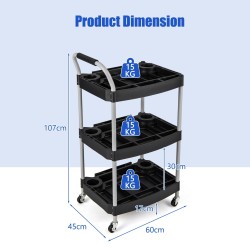 Monikäyttöinen musta työkalukärry pyörillä ja jakajilla