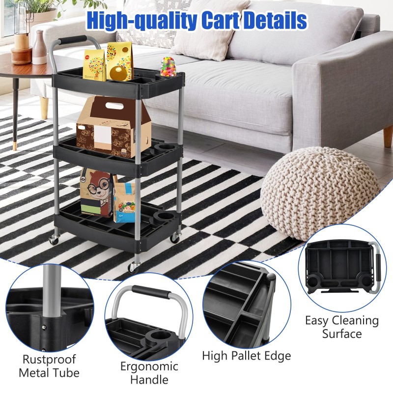 Monikäyttöinen musta työkalukärry pyörillä ja jakajilla