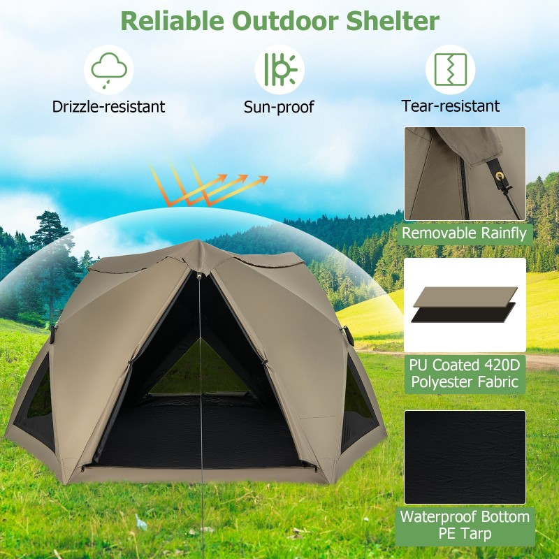 Kuusikulmainen perheteltta sadesuojalla ja kattoikkunalla, oliivinvihreä