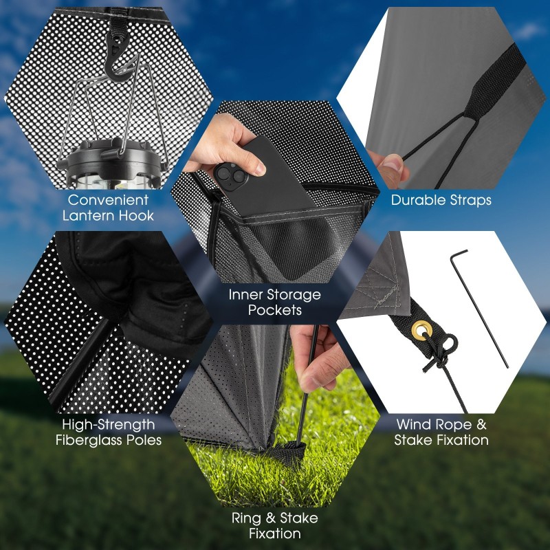 Harmaa pop-up-leiriteltta 2-3 hengelle kantolaukulla