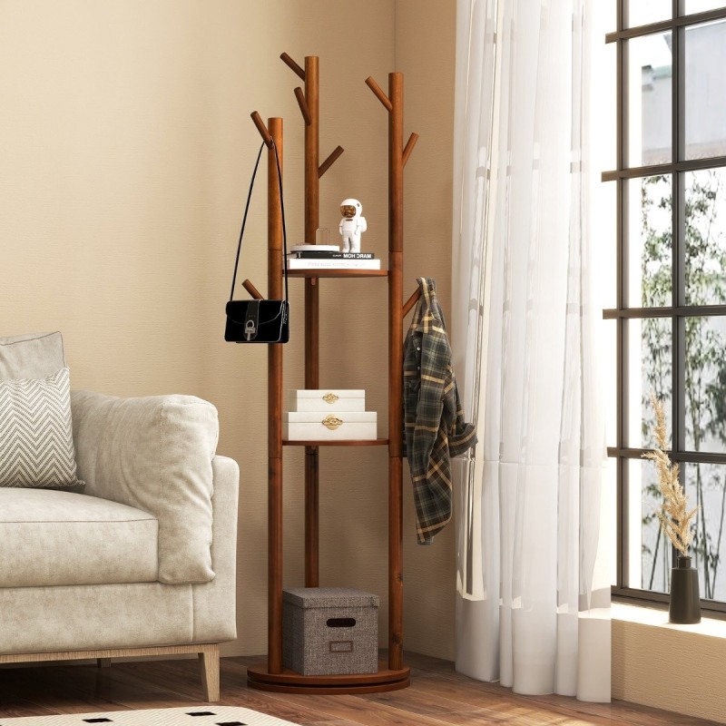 Vapaasti seisova puinen naulakko hyllyillä ja koukuilla, pähkinä