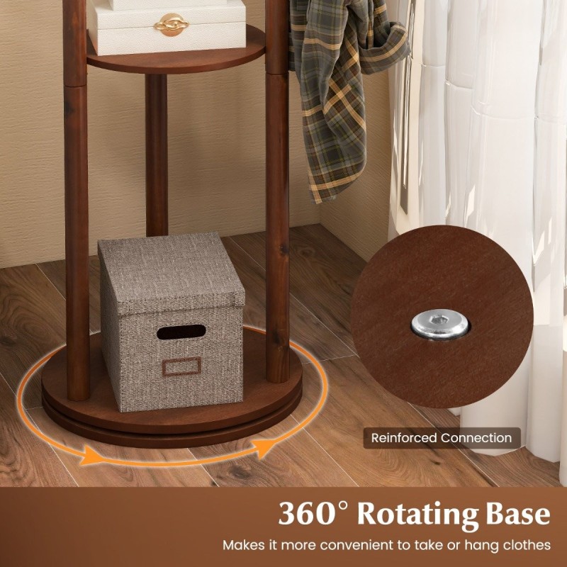 Vapaasti seisova puinen naulakko hyllyillä ja koukuilla, pähkinä