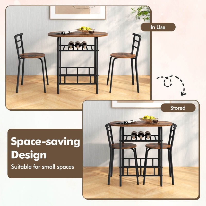 Kolmen osan ruokailuryhmä viinitelineellä, ruskea