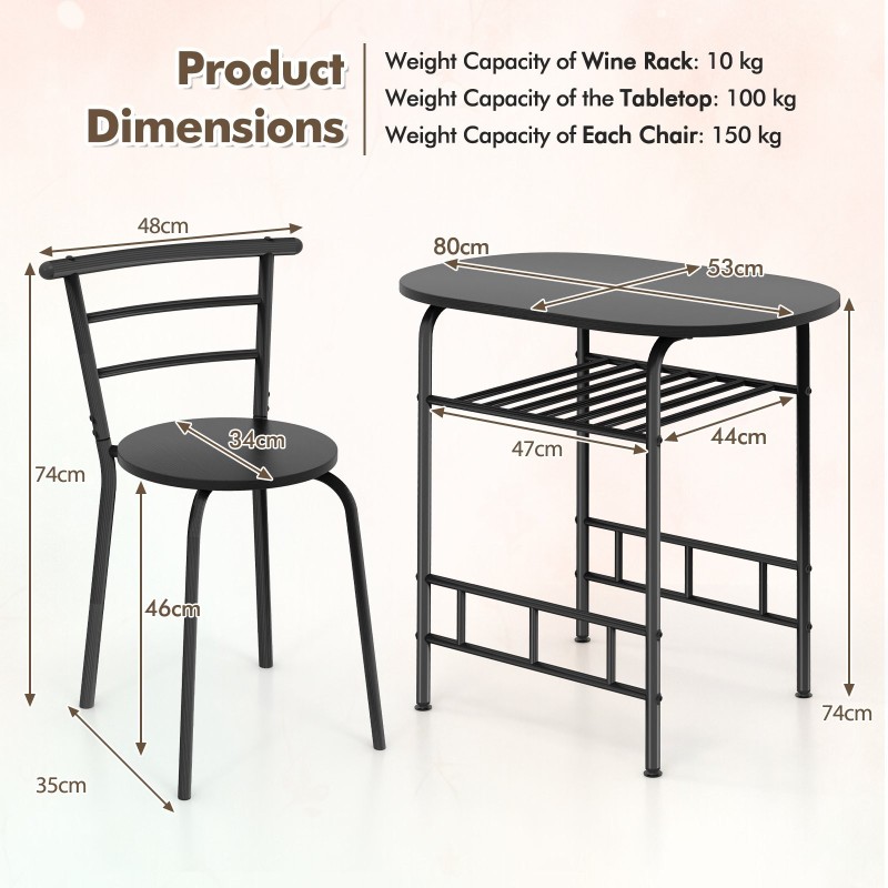 3-osainen musta ruokailuryhmä viinitelineellä ja tuoleilla